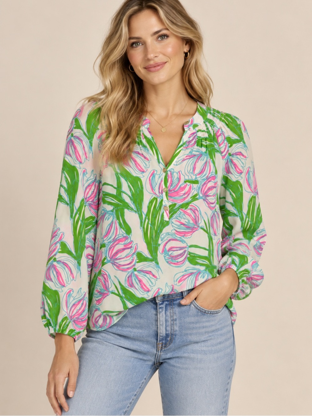 Lilly Pulitzer Elsa 100% Silk Tropical Popover Blouse Boho White XS